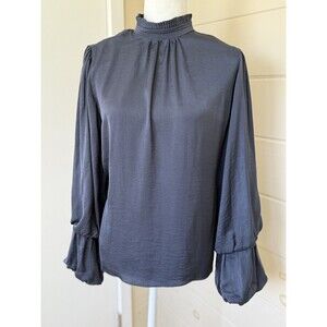 TAHARI Top L Slate Grey Pleated Mock Neck Bishop Sleeve Ruched Cuffs Whimsigoth